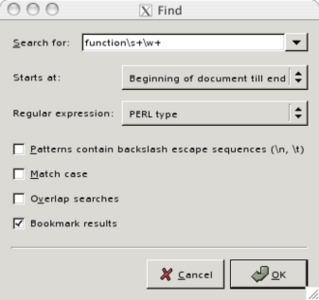 A screen shot showing another use of regular expressions in the find dialog