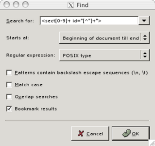 A screen shot showing how to bookmark with Posix regular expression