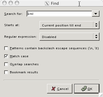 A screen shot showing how to make the search case sensitive