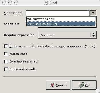 A screen shot showing the search for pop up menu to retrieve recent search string