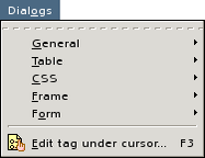 A screen shot of the HTML dialogs menu