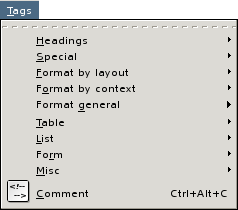 A screen shot of the HTML tags menu