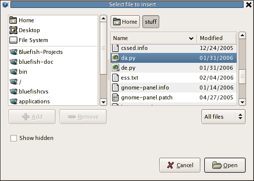 A screen shot showing how to insert a file
