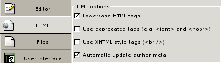 A screen shot of the HTML tab in Preferences