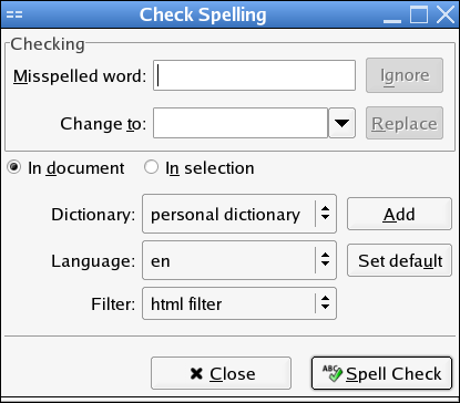 A screen shot of the Bluefish 1.0 spell checker