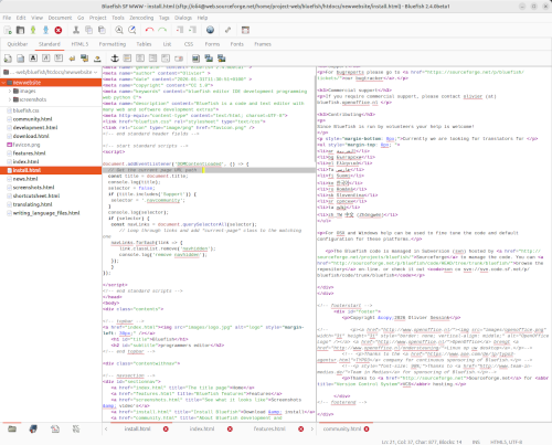 Screenshot of Bluefish with two documents loaded side by side